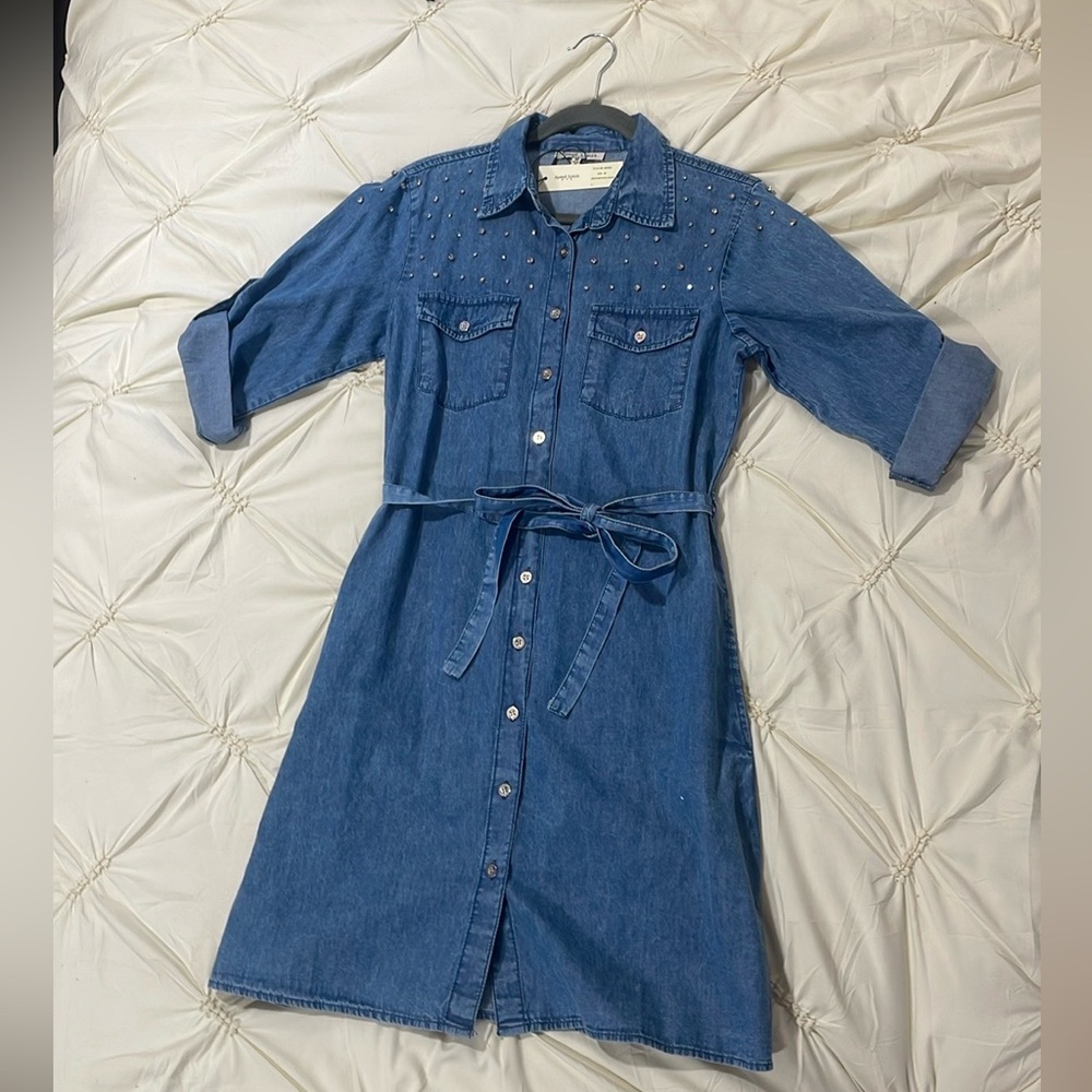 Mid length Denim Dress with Studded Sequins